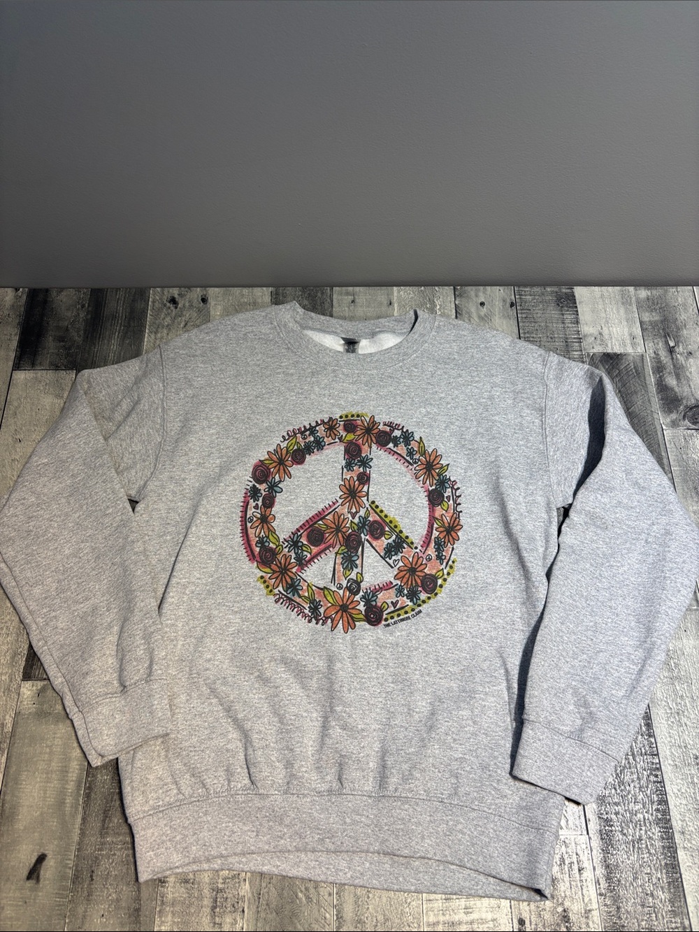 Gray Crewneck Sweatshirt with Floral Peace Sign Graphic